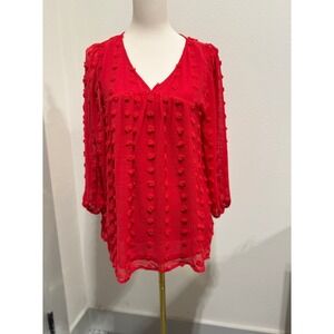 Jodifl Blouse‎ Pom Pom Textured V Neck 3/4 Sleeve Top Red - Size Medium